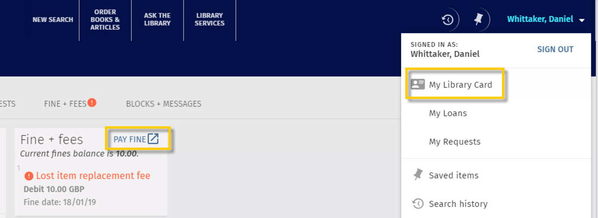 Library search screen showing fines page