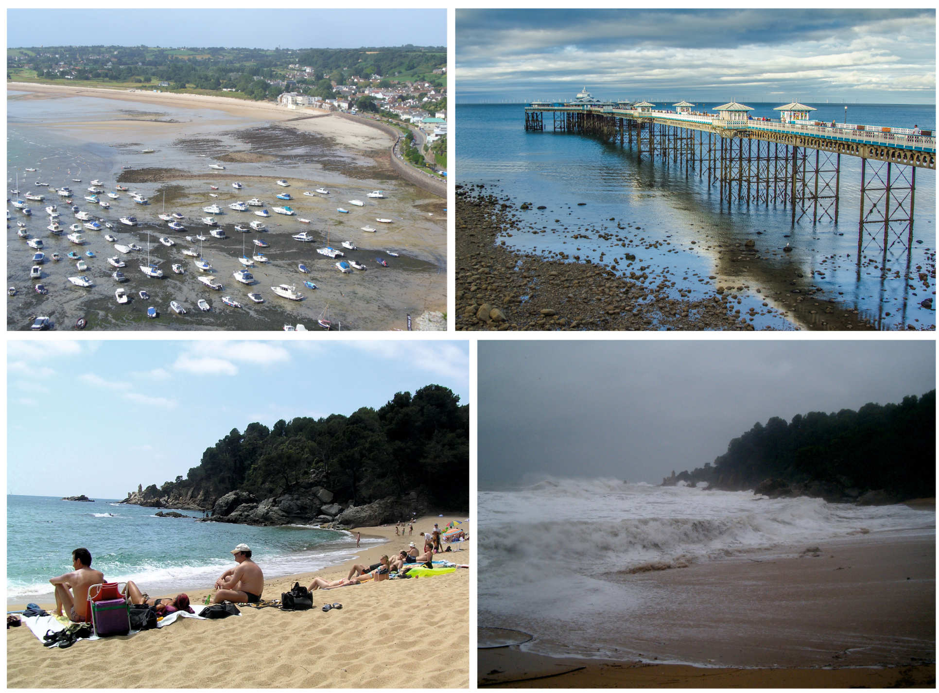 [Top-left] Gorey harbour, Jersey at low tide, [Top-left] Example of a Coastal Structure: Llandudno Pier, Wales , [Bottom] A recreational beach in the Mediterranean Sea in calm and storm conditions 