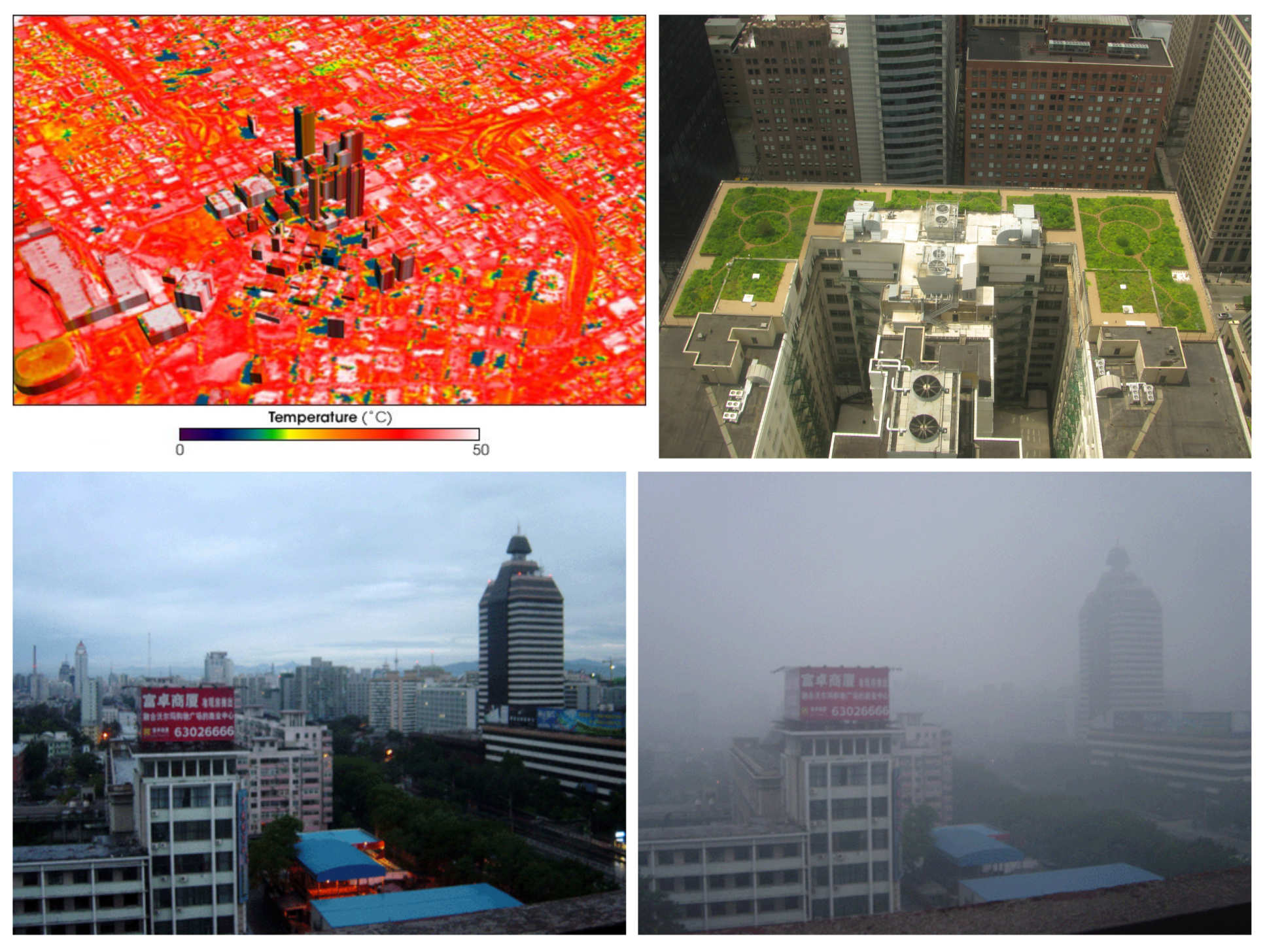 [Top-left] Urban heat island in Atlanta, USA, [Top-right] Green roof of city hall, Chicago, Illinois, USA, [Bottom] Beijing on a clear and smoggy day 