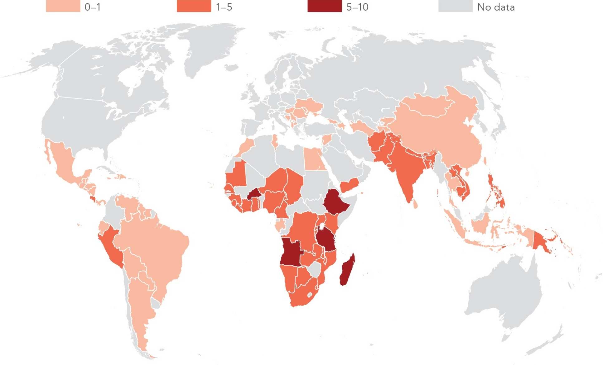 Map showing the projected increase in number of people living in extreme poverty due to climate change by 2030